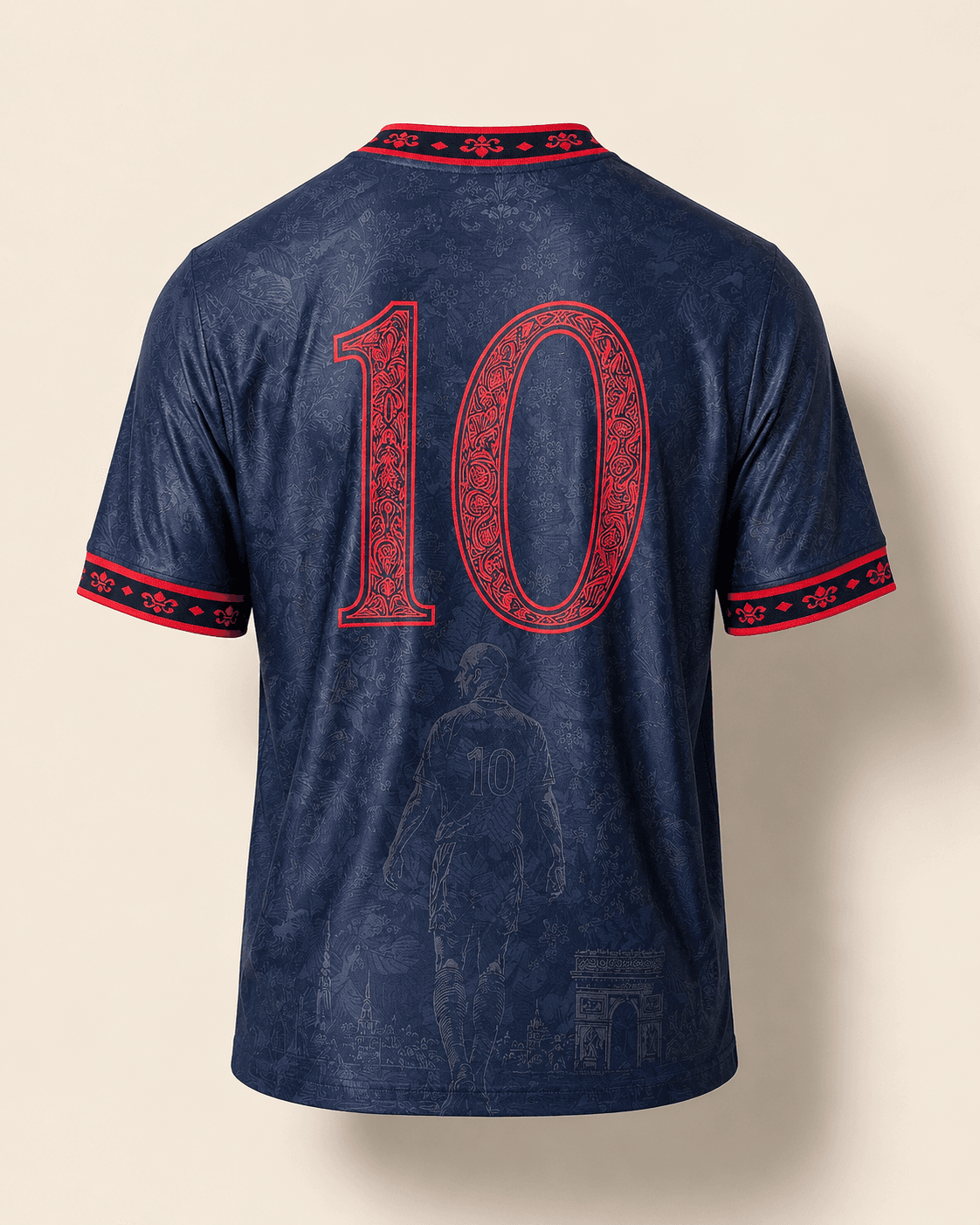 Bleu — back of jersey with deep red '10', figure walking toward Paris skyline ghosted into the lower hem