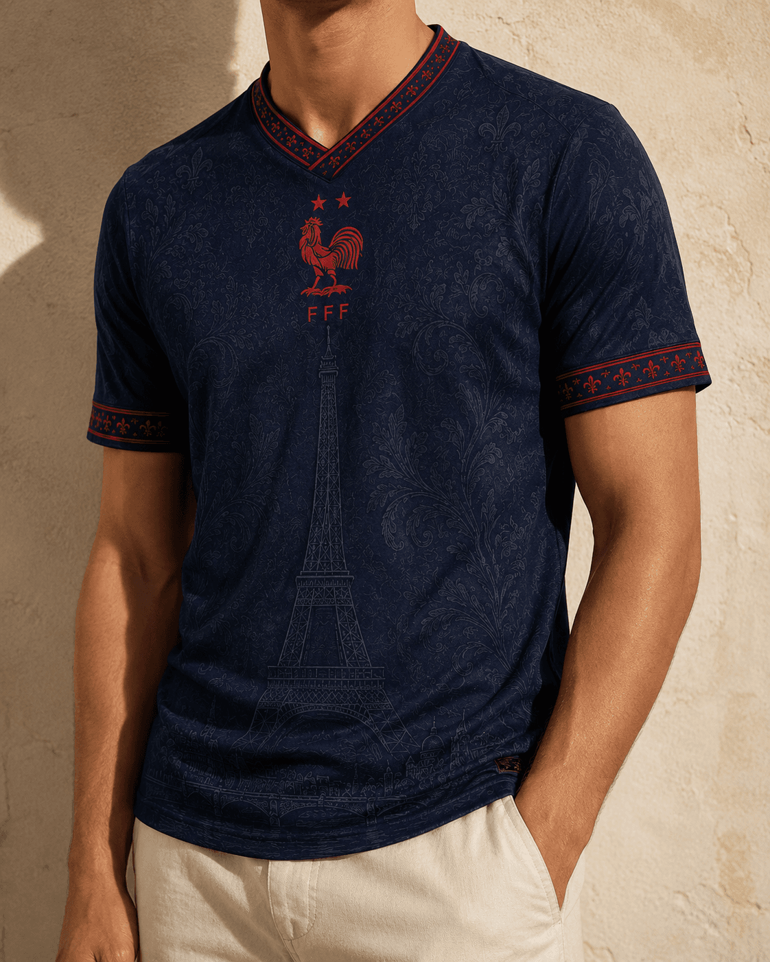 Bleu — on-body view from front against plaster wall, V-neck with rooster crest, Eiffel Tower in damask, head cropped