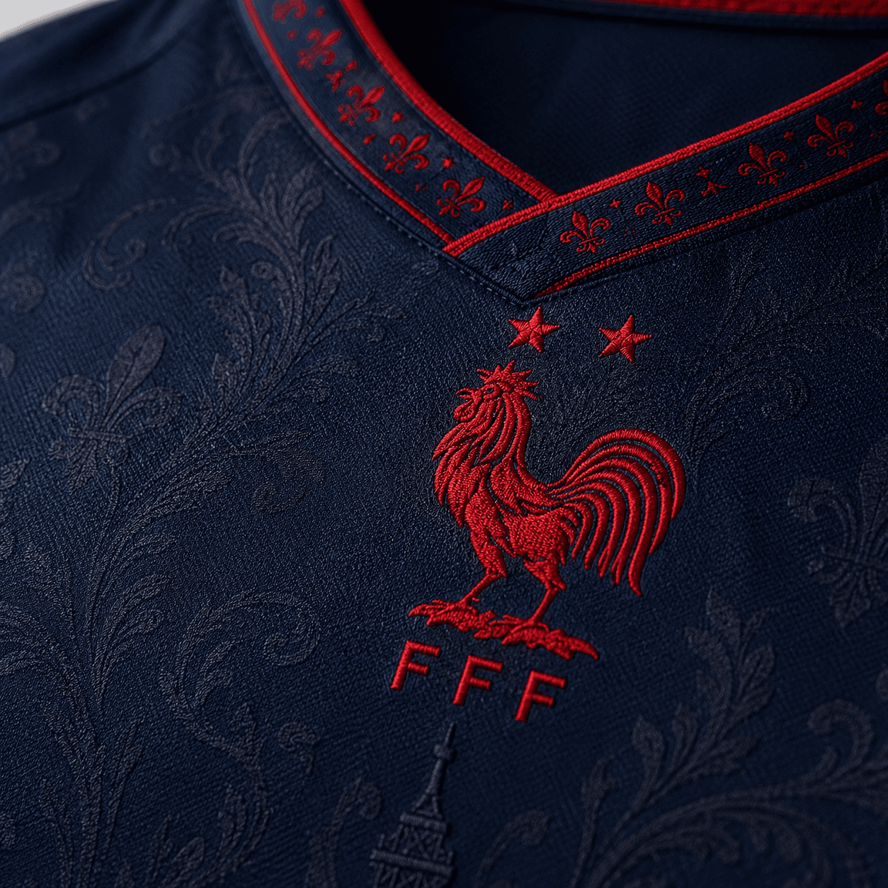 Bleu — macro on embroidered red rooster crest and FFF wordmark, fleur-de-lis collar trim, midnight damask