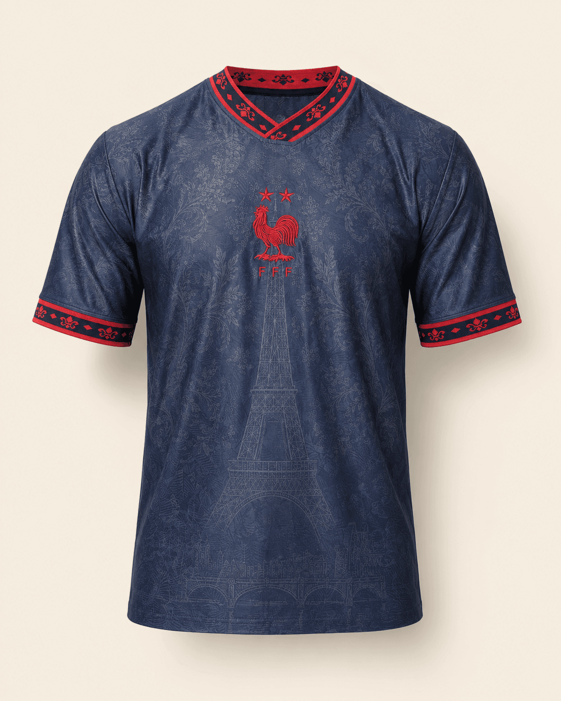 Bleu — front of jersey with embroidered red Coq Gaulois, FFF wordmark, two stars, Eiffel Tower ghosted into the body