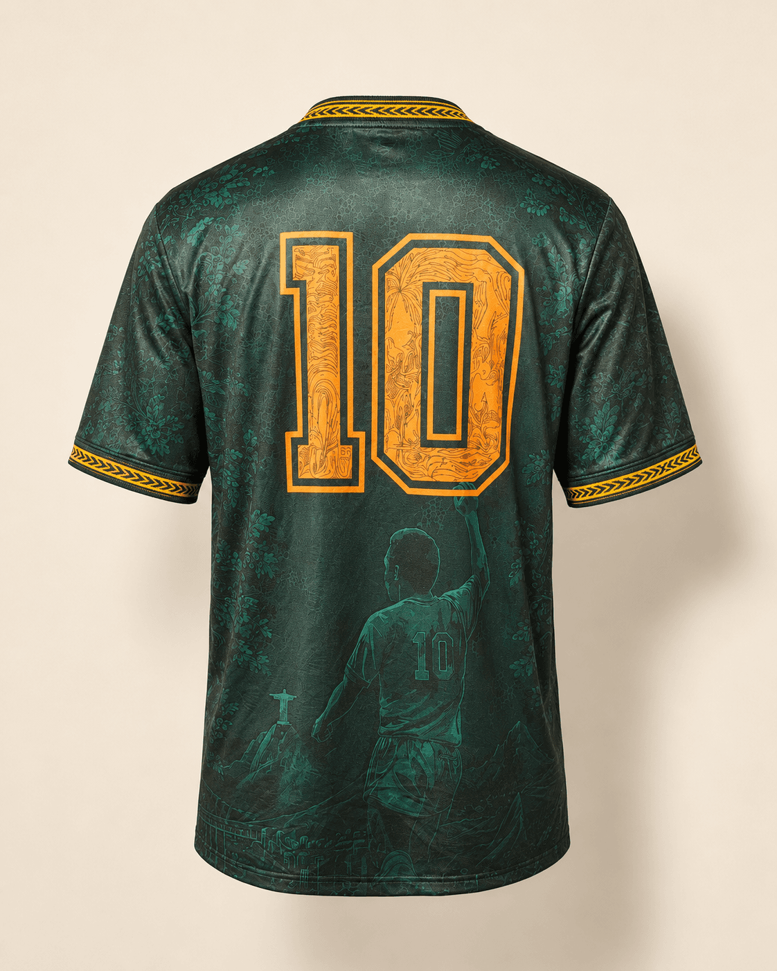 Verde — back of jersey with large gold '10' filled with Amazon pattern, Pelé bicycle-kick silhouette below