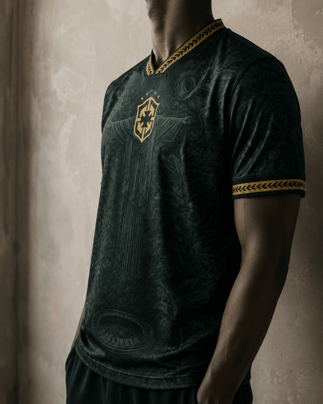 Verde — on-body view from front, head cropped above shoulders, V-neck with crest centered, dark green jungle jacquard