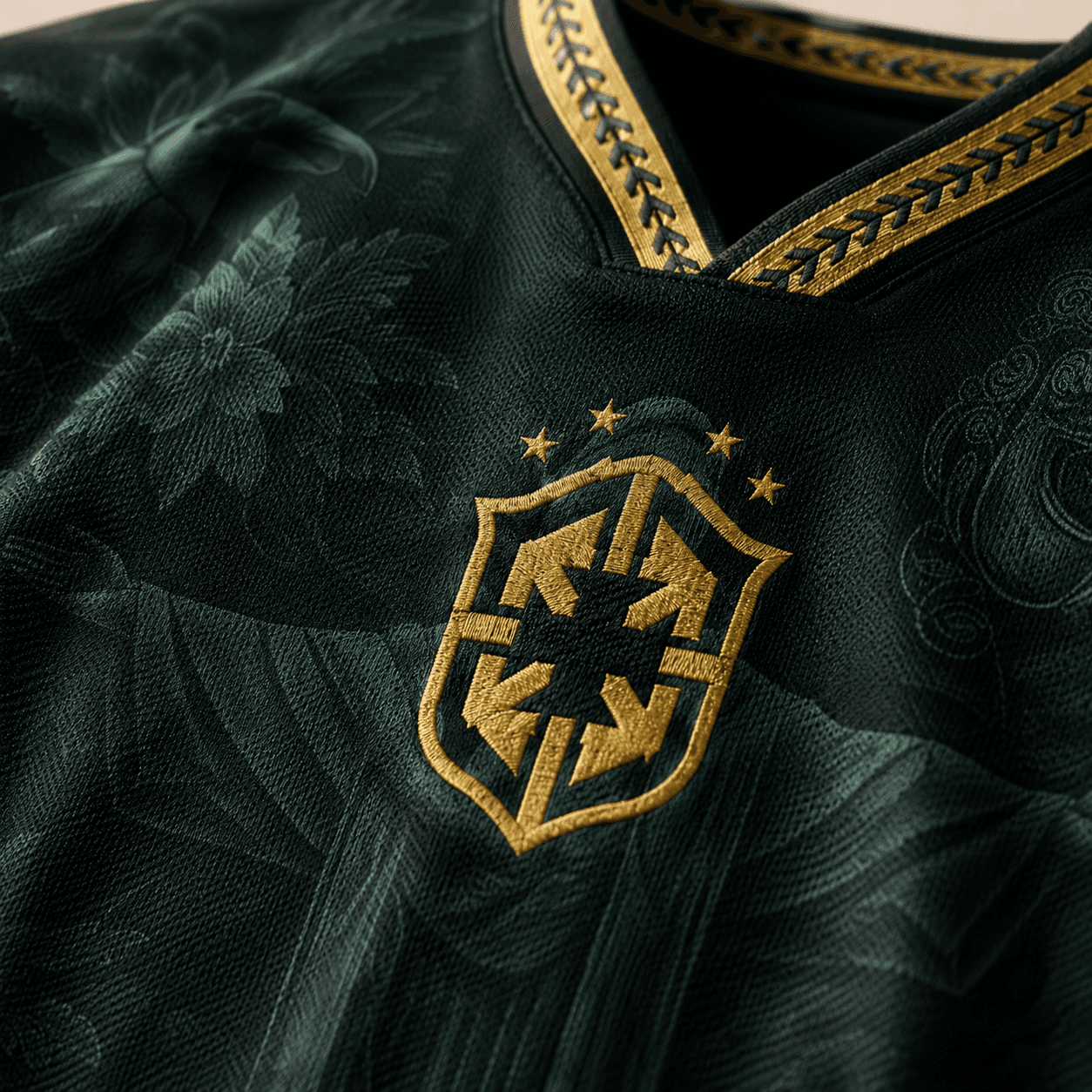 Verde — macro on CBF crest in embroidered gold, jungle jacquard around it, gold chain stitch at collar