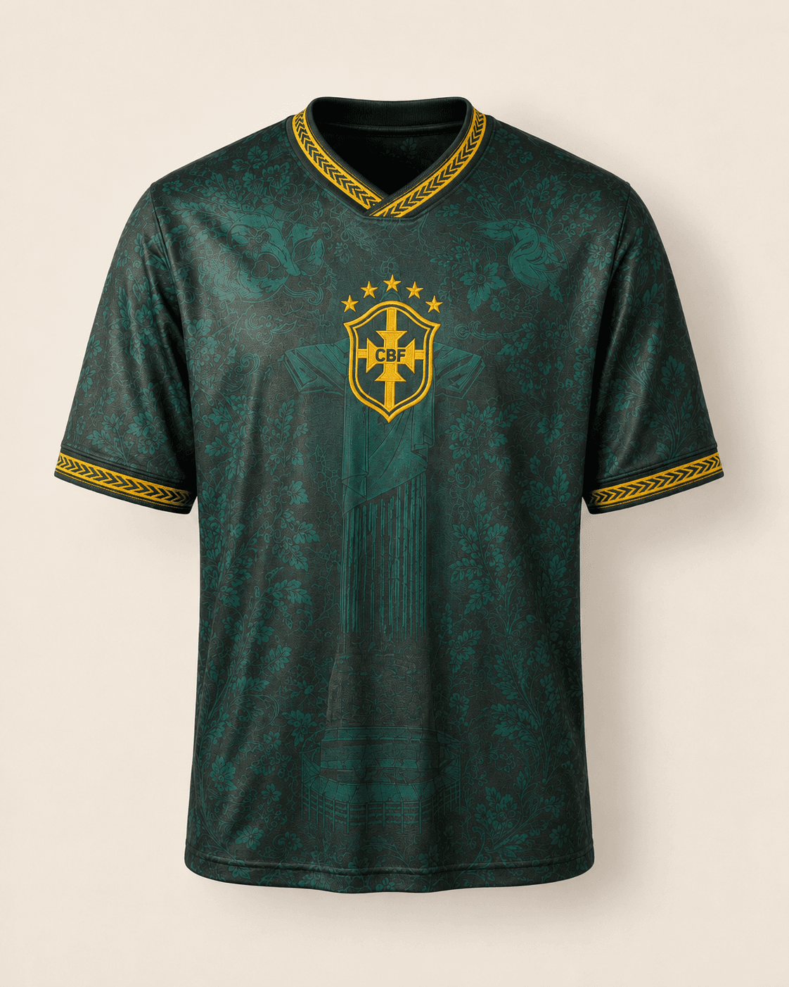 Verde — front of jersey on bone, CBF crest centered, Amazon jacquard floral pattern, gold chevron trim