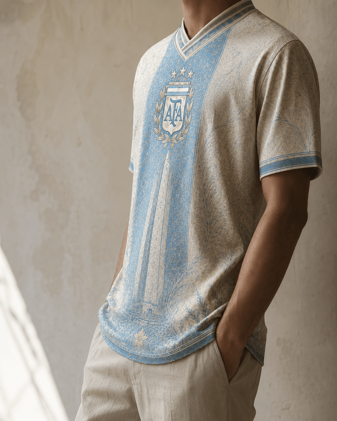 Albiceleste — on-body view from front, head cropped, hand in pocket, vertical paisley stripe and AFA crest visible
