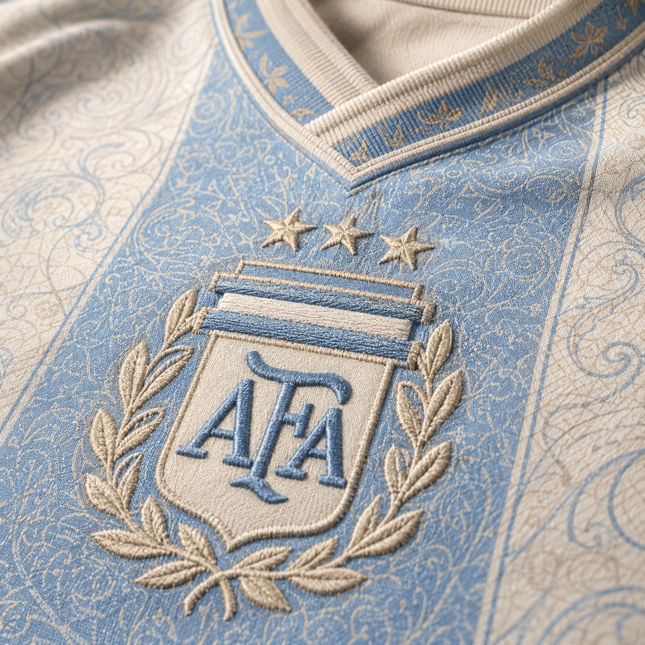 Albiceleste — macro on AFA crest with three stars, embroidered laurel and trophy, paisley jacquard background