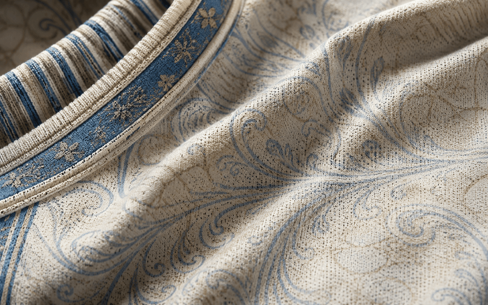 Albiceleste — macro on collar and shoulder, ribbed ivory cotton, sky-blue band with chalk fleur-de-lis pattern