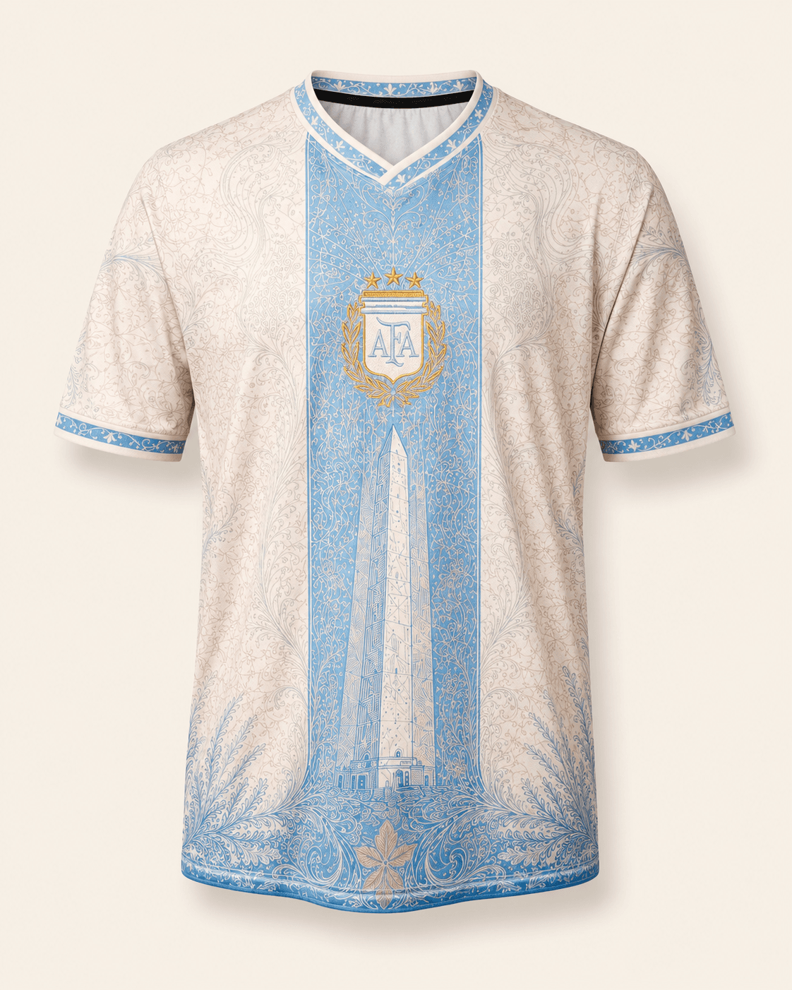 Albiceleste — front of jersey with AFA crest, vertical sky-blue paisley stripe down the middle, chalk fabric