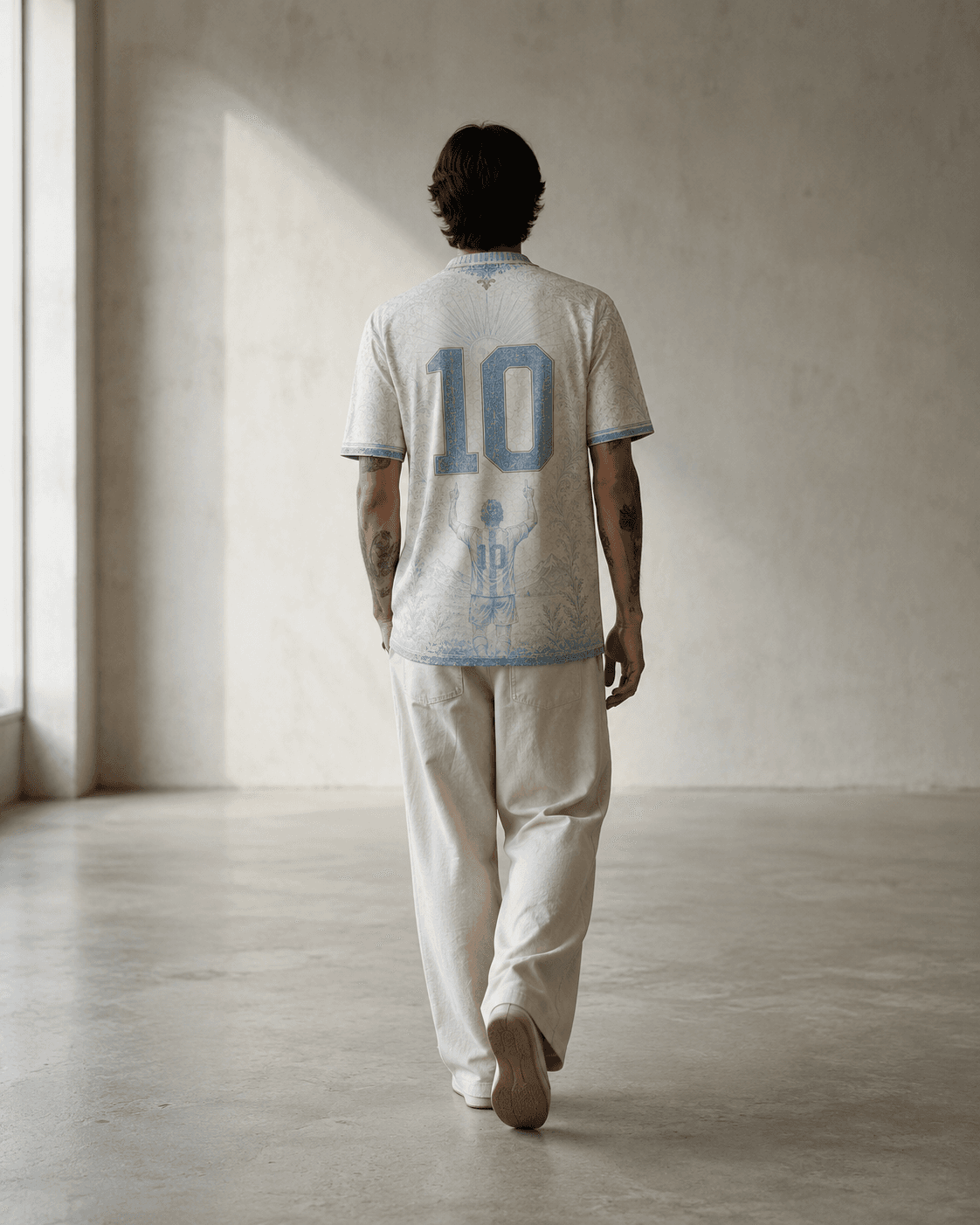 Albiceleste — figure walking away in concrete gallery, big '10' on back, light from window at left