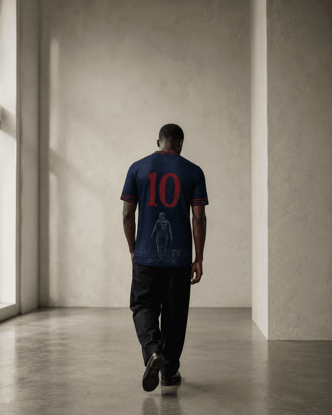 Bleu — figure walking away in a concrete gallery, '10' on the back, long shadow