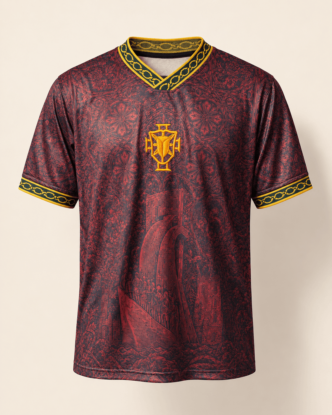 Saudade — front of jersey in Douro wine red, gold Portuguese cross crest, azulejo damask, green and gold chain trim